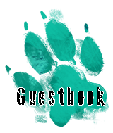 A blue wolf pawprint that says 'Guestbook'